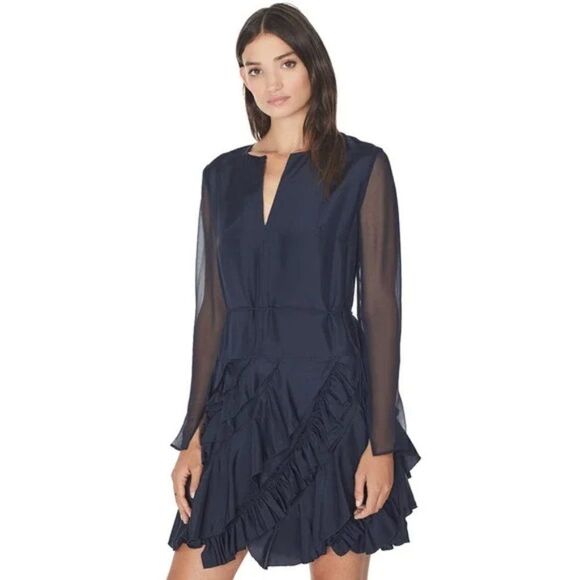 Grey JASON WU Silk Long Sleeve Ruffle Dress - size 4 in Midnight Blue - Picture 1 of 13